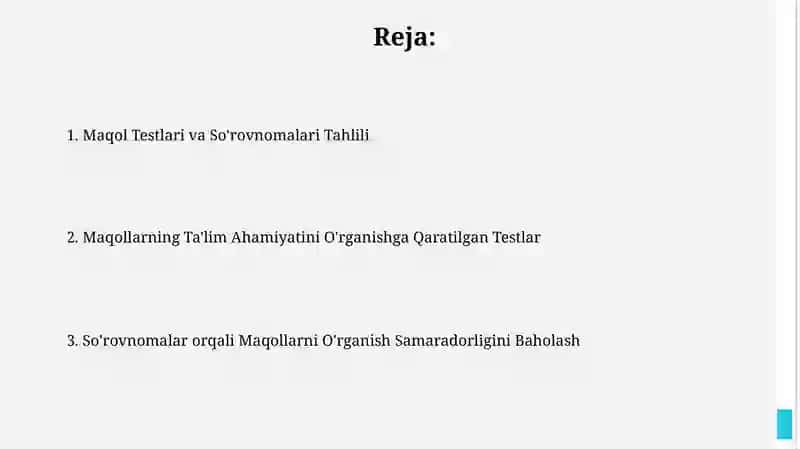 Maqollarning tarbiyaviy ahamiyati boʻyicha test va blis soʻrovnomalari 2