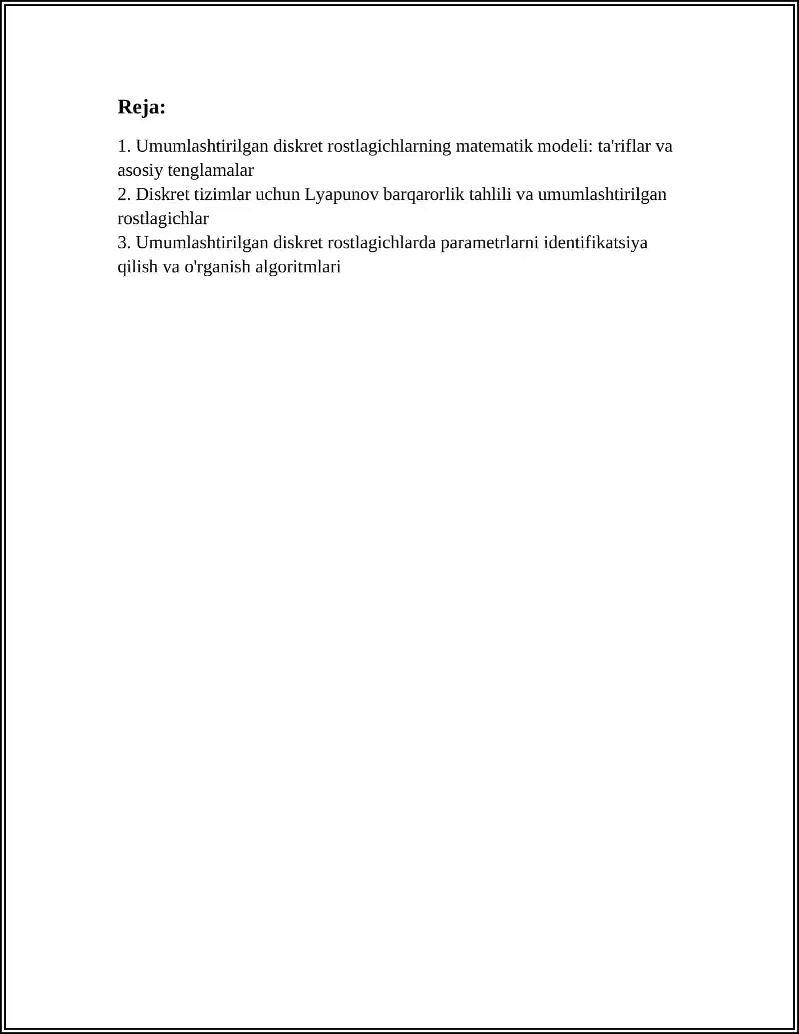 UMMULASHTIRILGAN DISKERT ROSTLAGICHLARNING MATEMATIK MODELLARI VA ULARNING MURAKKAB DINAMIK TIZIMLARNI BOSHQARISHDA QO'LLANILISHI 2