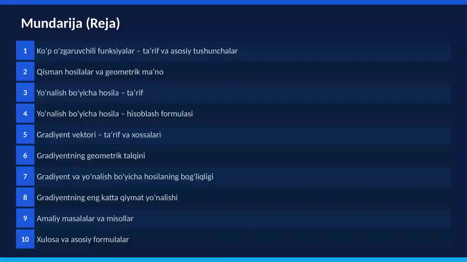 Ko'p o'zgaruvchili funksiya, yo'nalish bo'yicha hosila, gradiyent 2