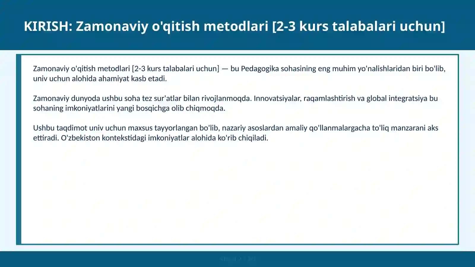 Zamonaviy o'qitish metodlari [2-3 kurs talabalari uchun] 2