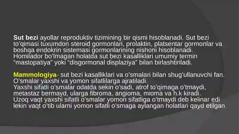 Sut bezining xavfsiz o’smalari. Bachadon,  qin, bachadon bo’yni, vulva neoplaziyalari 2