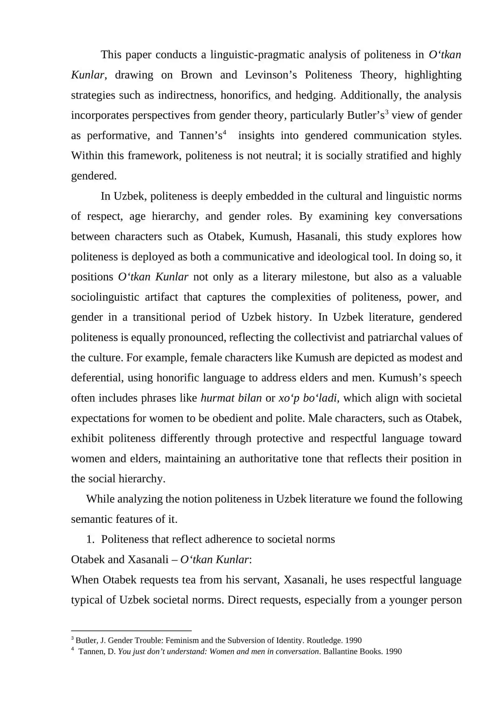 vLINGUISTIC ANALYSIS OF GENDERED PERCEPTIONS OF POLITENESS IN ABDULLA QODIRIY’S ‘O‘TKAN KUNLAR’ 2