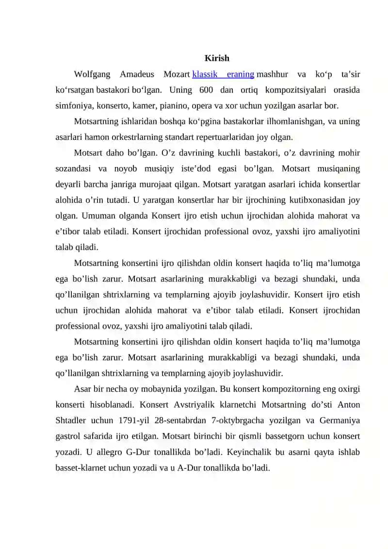 V.Motsart  fortepiano asarlari va konsertari. Asarlaridan parchalar ijro etish 2