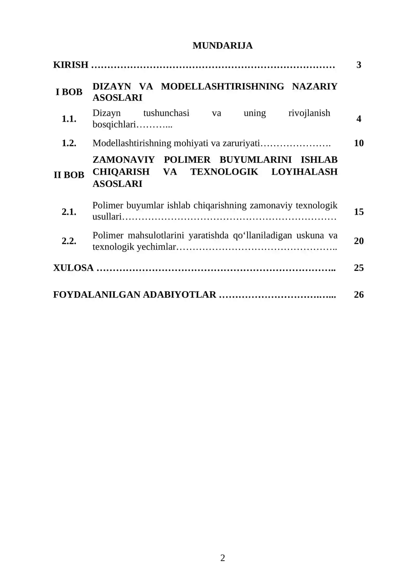 “POLIMER MATERIALLARDAN BUYUM YASASH TEXNOLOGIYASI” MAVZUSIDAGI KURS ISHI 2