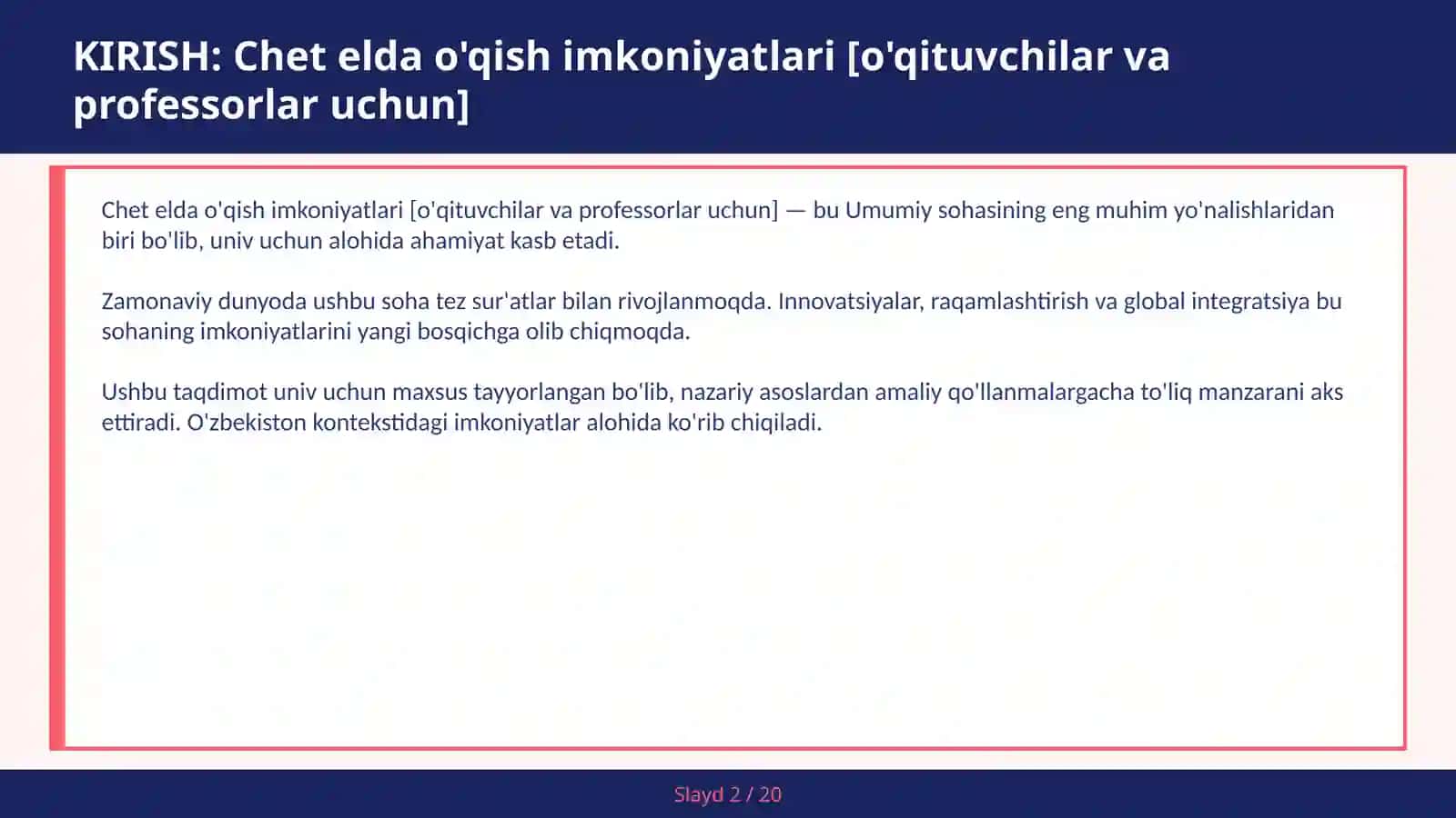 Chet elda o'qish imkoniyatlari [o'qituvchilar va professorlar uchun] 2