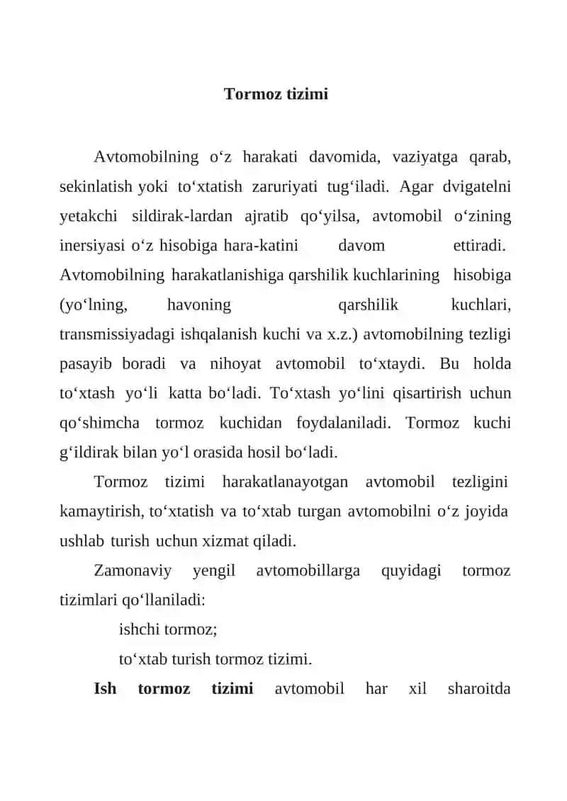 ZAMONAVIY AVTOMOBILLARNING TORMOZ BOSHQARMASIGA TEXNIK XIZMAT KO’RSATISH 2
