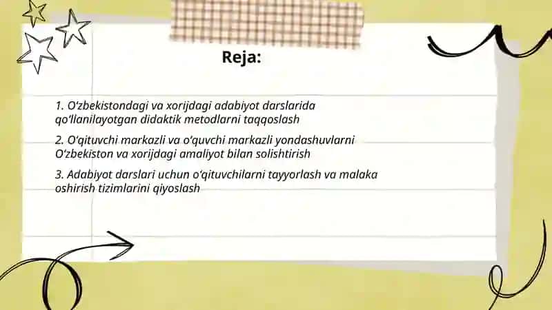O’zbekiston ta’lim muassasalarida amal qilinayotgan adabiyot o’qitish metodlarini xorijdagi o’qitish metodlari bilan qiyoslab o’rganish 2