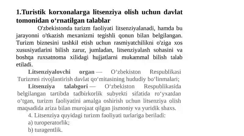 Turizm dastandardlash tirish va sertifikatlash REJA 2