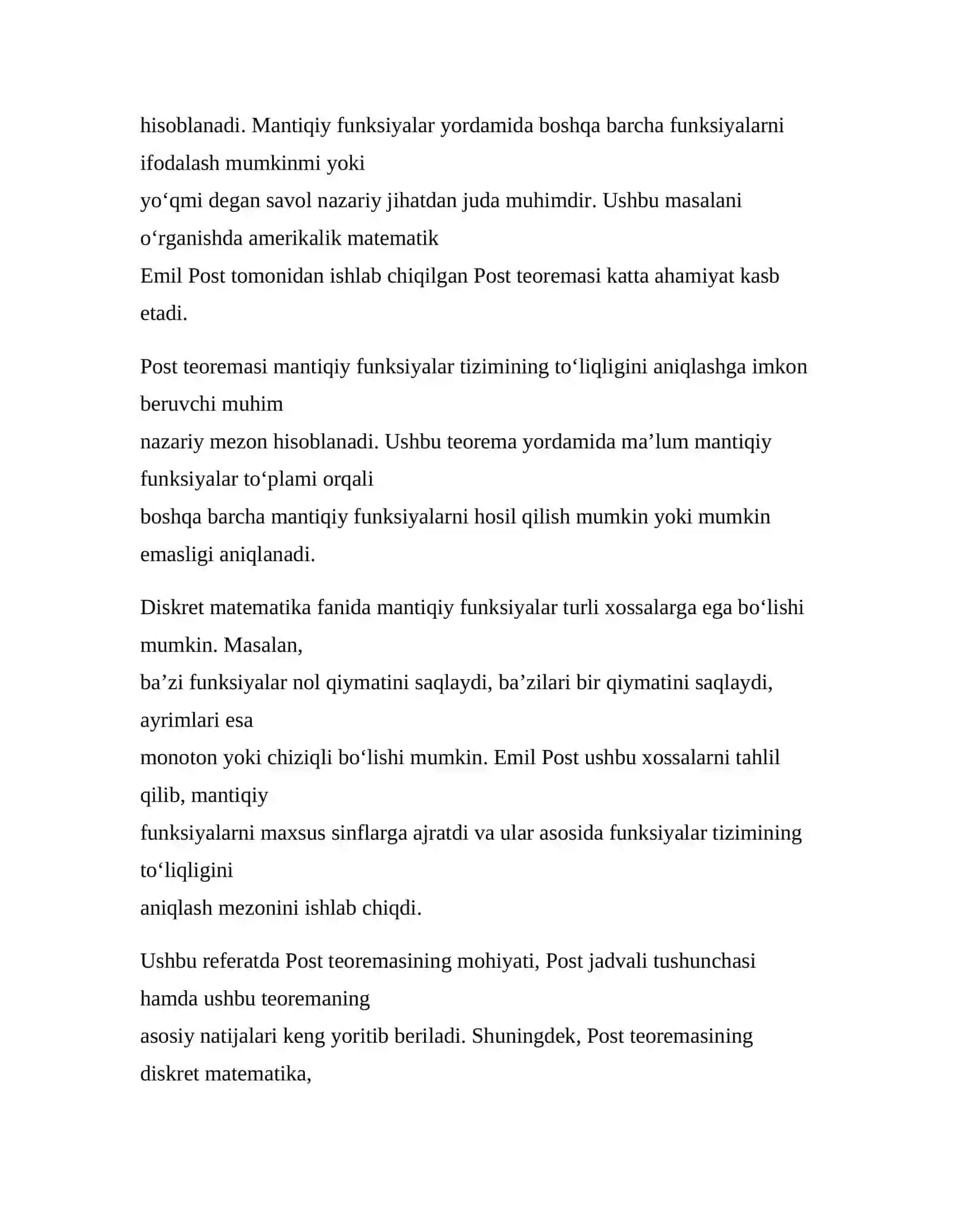 “Post teoremasi haqida tayyor referat – 12 bet” 2