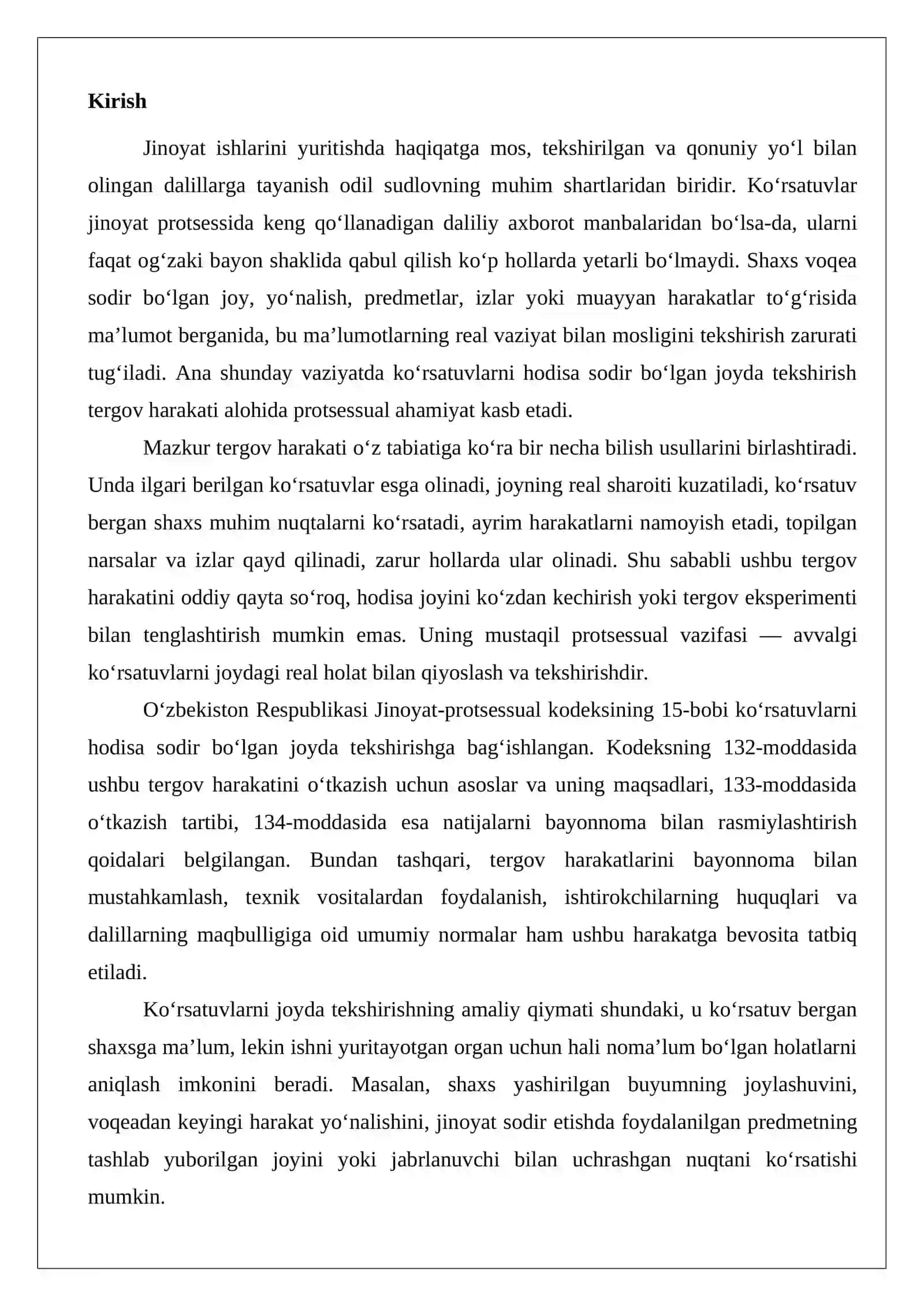 Ko‘rsatuvlarni hodisa sodir bo‘lgan joyda tekshirish tergov harakatini o‘tkazish tartibi va asoslari 2