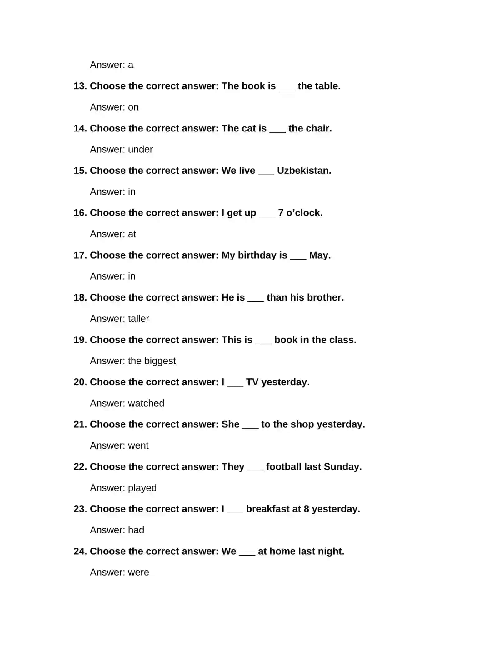 English Tests A1 — 50 Questions 2