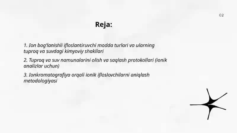 Tuproq va suvning ifloslanishida ion bogʻlanishli birikmalarni aniqlab ulardan tozalash usulini ishlab chiqish 2