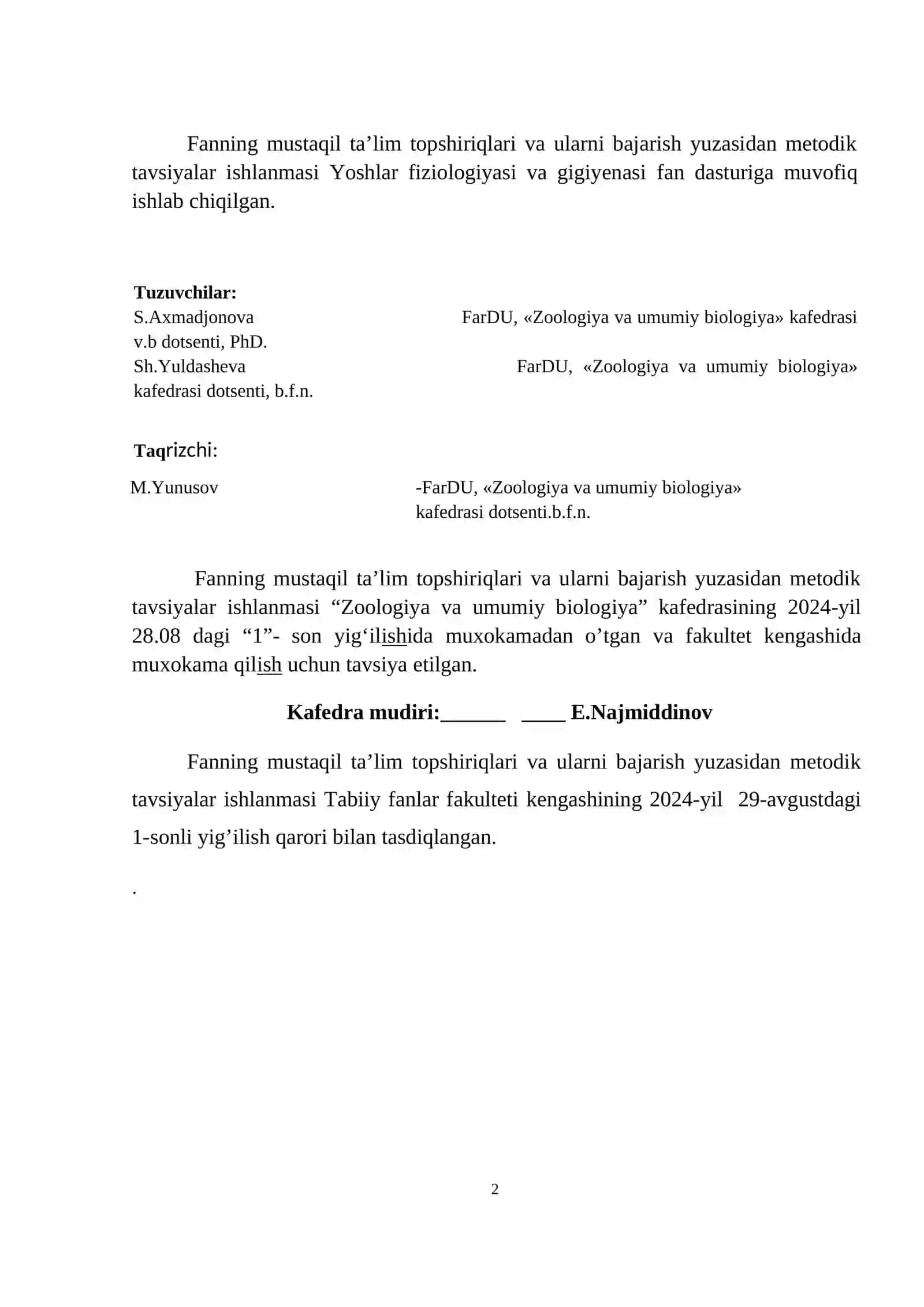 Yosh Fiziologiyasi va Gigiienasi Fanidan Mustaqil Ta'lim Topshiriqlari 2