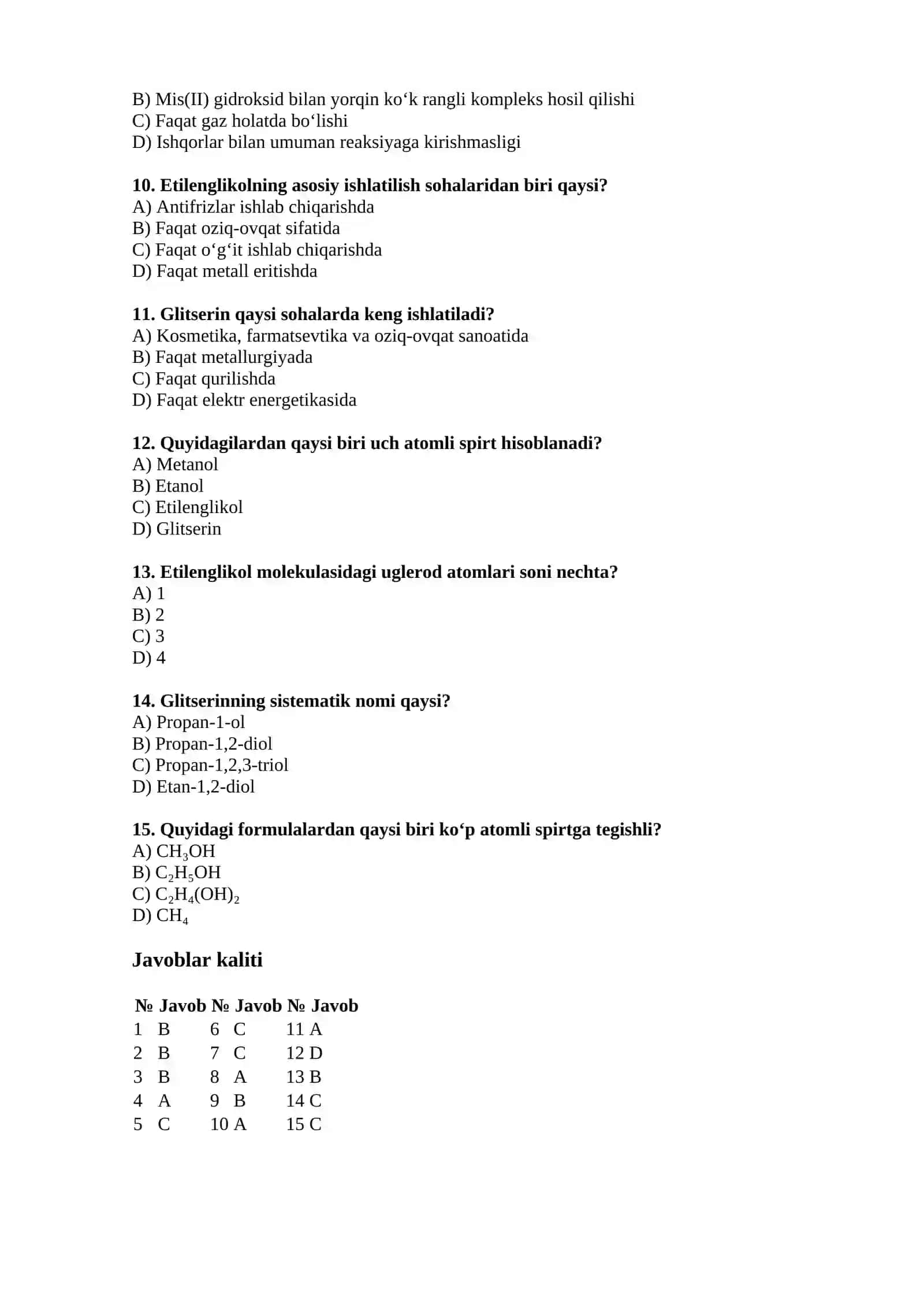 KO‘P ATOMLI SPIRTLAR — TEST 2