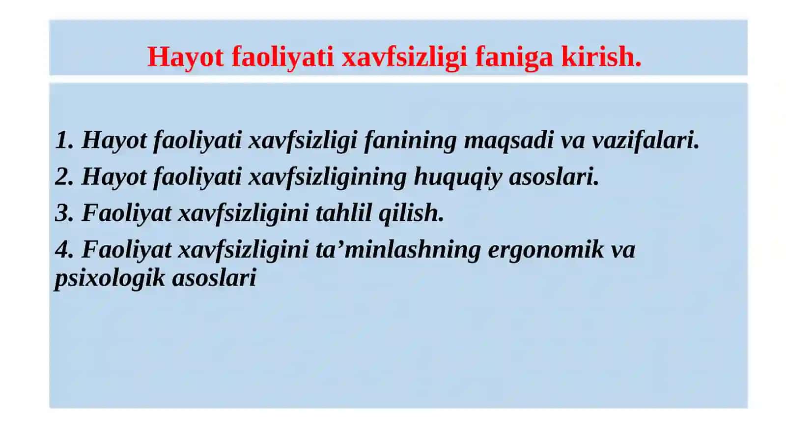 HАYOTFAOLIYATIХАVFSIZLIGI FANIGA KIRISH 2