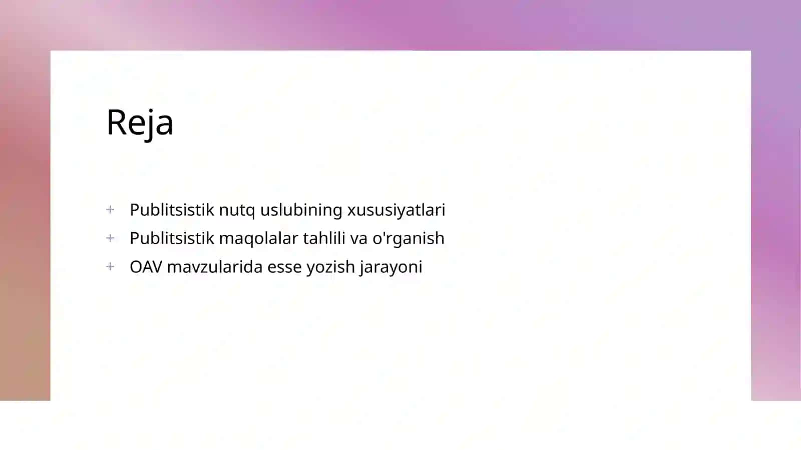 Publitsistik nutq uslubi. Publitsistik maqolalar bilan tanishish va tahlil qilish. Men tanlagan soha va OAV mavzusida esse yozish 2