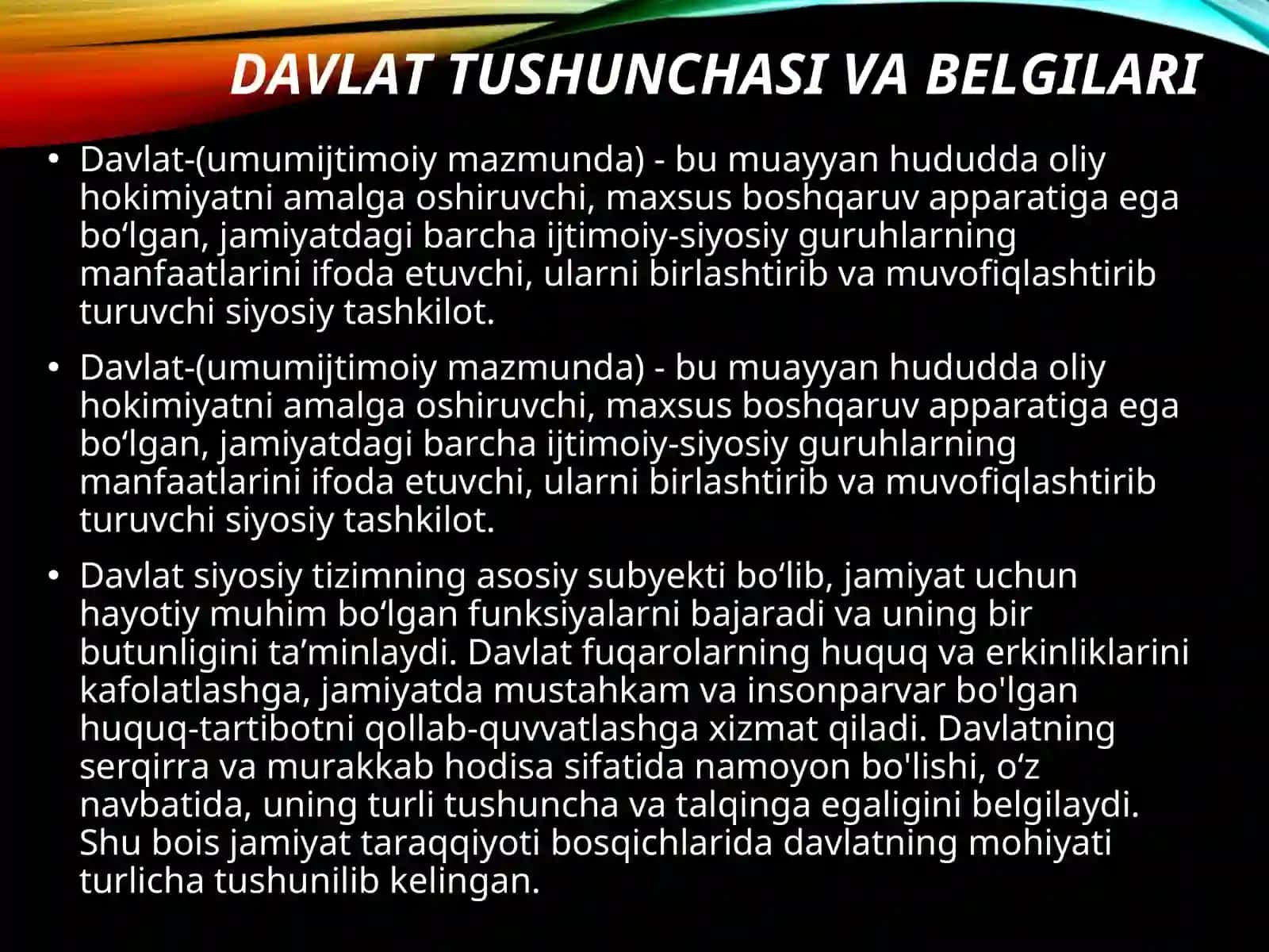 Davlat-jamiyat mavjud bo’lishining bir shakli sifatida. Davlat va huquqning vujudga kelishi to’grisidagi nazariyalar 2