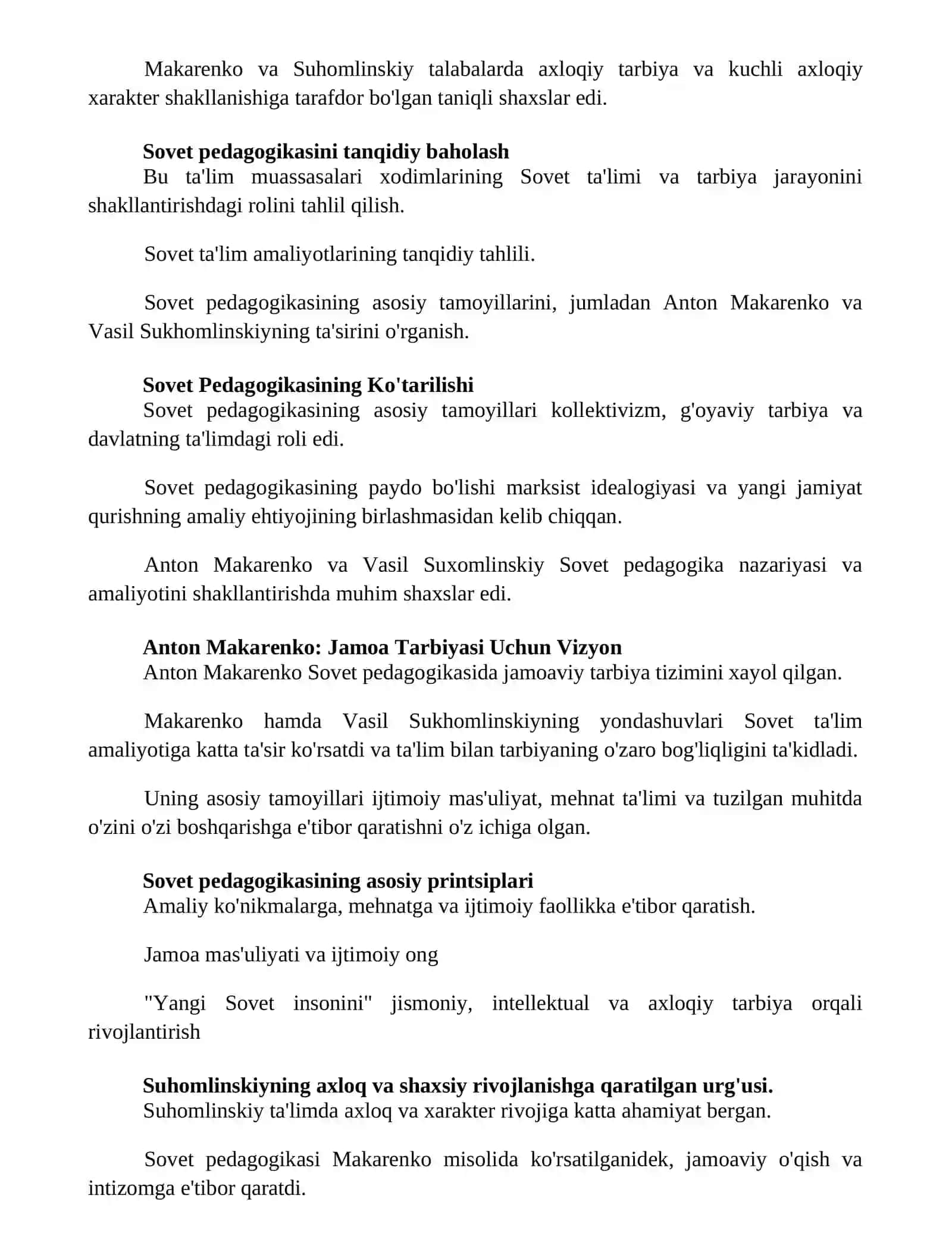 Sovet pedagogikasi va ularning asosiy tamoyillari:Makarenko va Suxomlinskiyning ta‘lim-tarbiya jarayonidagi o‘rni 2