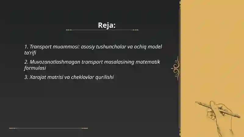Transport(Yuk tashish,ochiq model muvozanatlashmagan transport masalasi) va uni yechishda MathCad amaliy dasturidan foydalanish 2