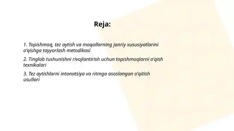 Topishmoq tez aytish maqol janiridagi asarlarni oʻqish metodikasi 2