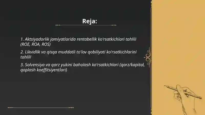 Aktsiyadorlik jamiyatlarida iqtisodiy samaradorlik va moliyaviy sog'lomlashtirish ko'rsatkichlari tahlili. 2