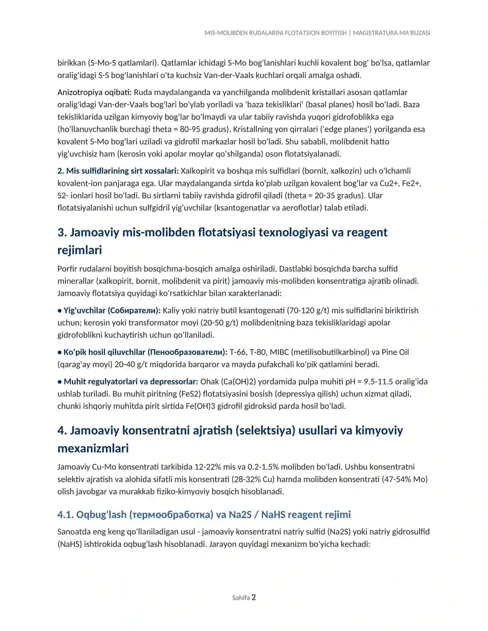 MIS-MOLIBDEN RUDALARINI FLOTATSION BOYITISH | MAGISTRATURA MA'RUZASI 2