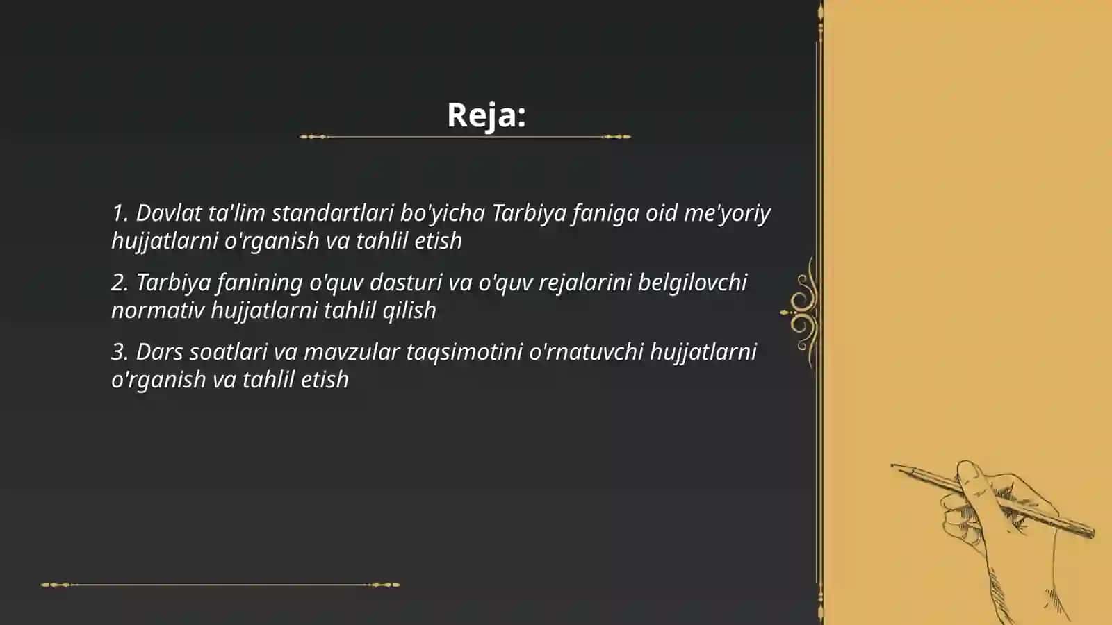 Tarbiya fanini o'qitish metodikasi fanini mazmunini yorutuvchi me'yoriy hujjatlarni o'rganish va tahlil etish 2