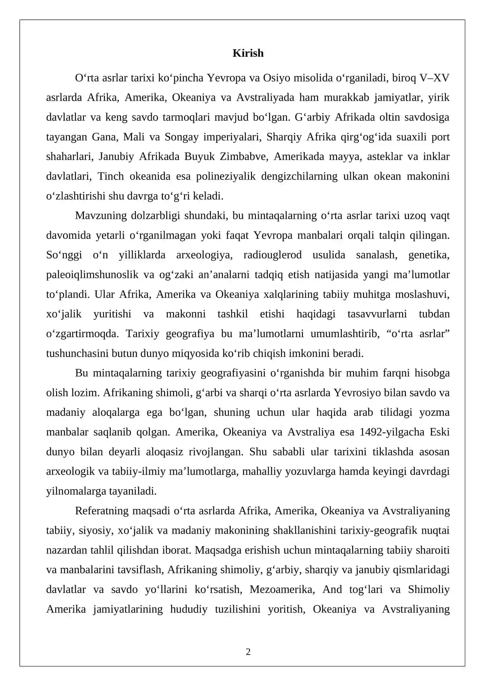 Afrika, Amerika, Okeaniya va Avstraliyaning o‘rta asrlar tarixiy geografiyasi 2