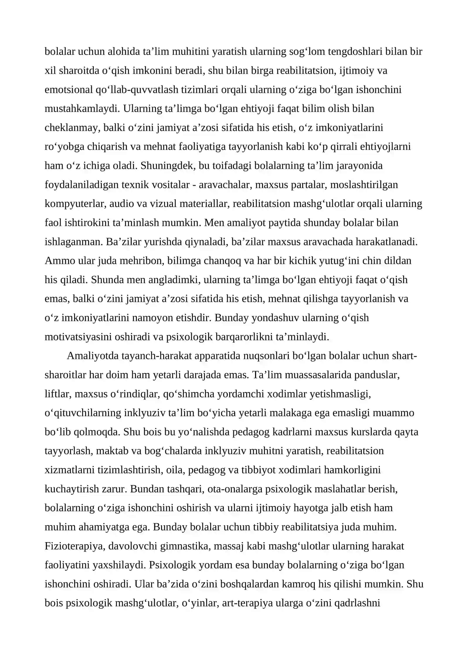 Tayanch-harakat apparatida nuqsonlari bo‘lgan bolalarning alohida ta’limni olishga bo‘lgan ehtiyojlari. 2