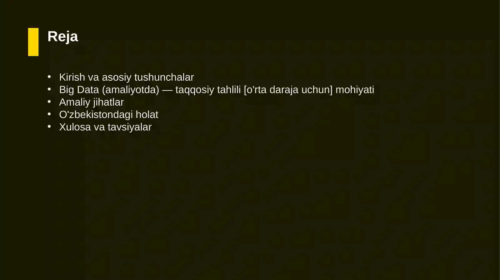 Big Data (amaliyotda) — taqqosiy tahlili [o'rta daraja uchun] 2