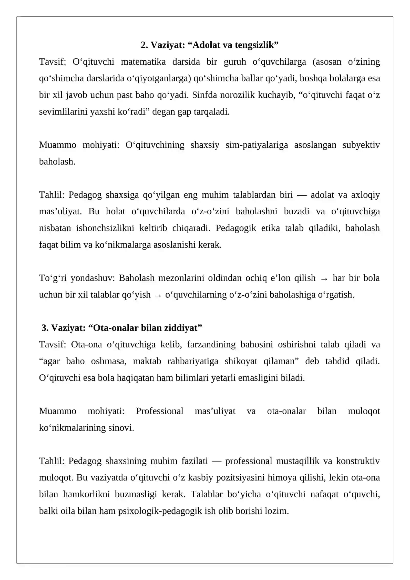 edagog shaxsi va unga qo‘yilgan talablar muammoli vaziyatlarni tahlil qilish. 2