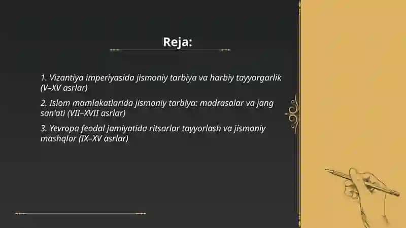 O'rta asrlarda chet elmamlakatlarida jismoniy tarbiya (V - XVII asrlar) 2