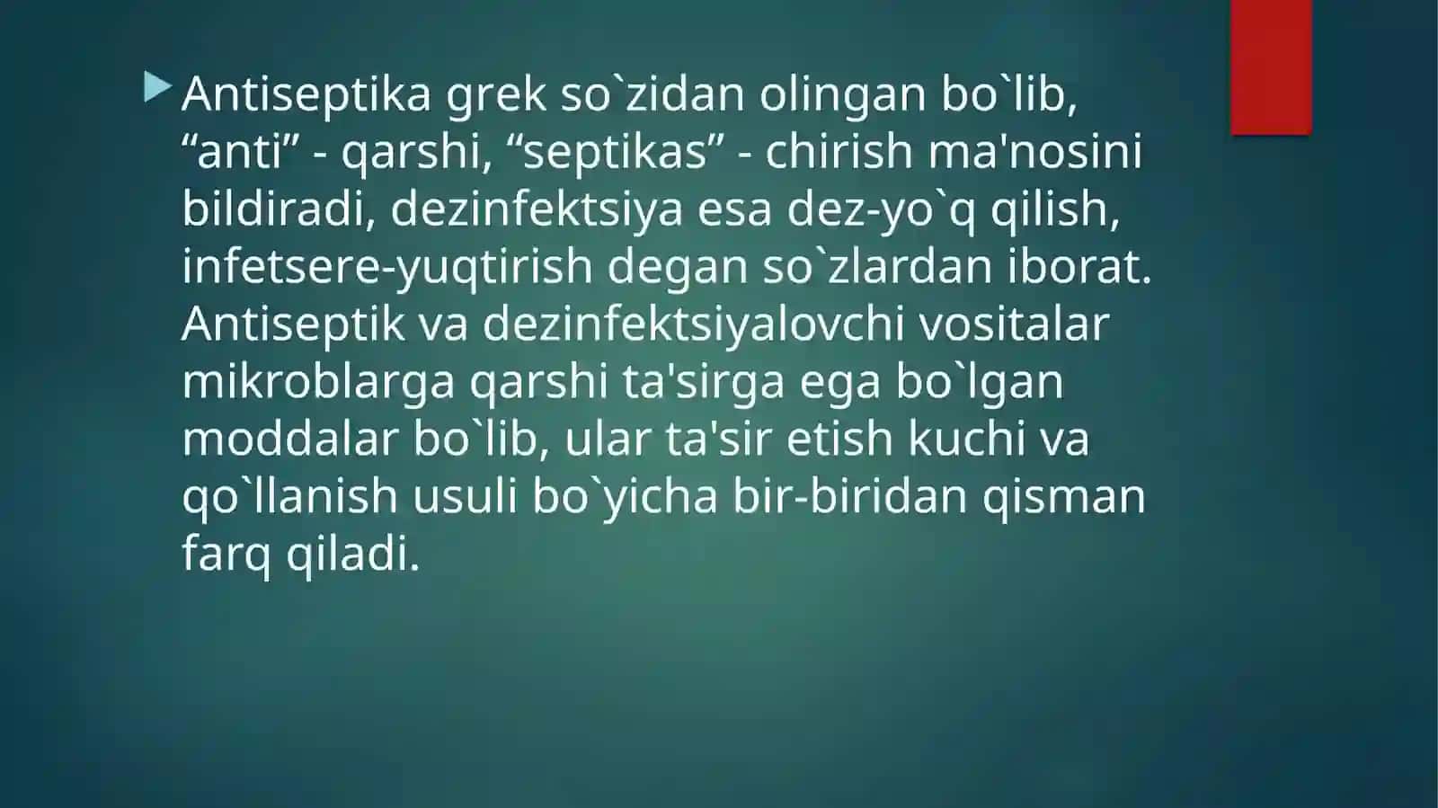 Xususiy farmakologiya.Mik-roblarga qarshi vositalar.Antiseptikvadezinfeksiyalovchivositalar 2