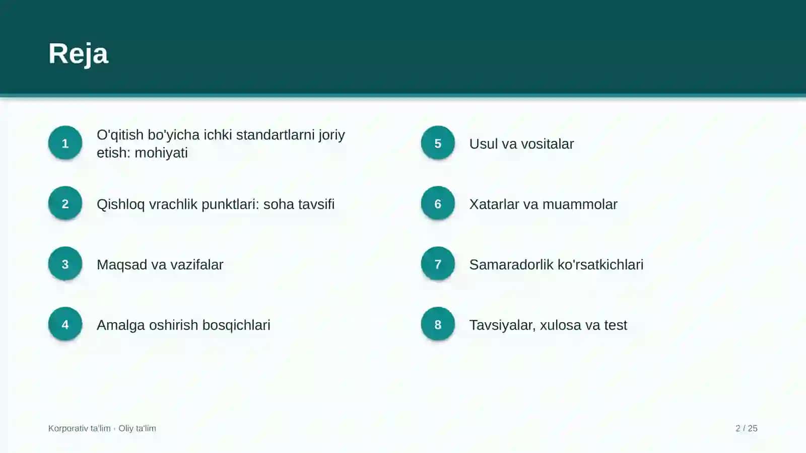 qishloq vrachlik punktlarida o'qitish sohasidagi ichki standartlarni joriy etish 9760 2