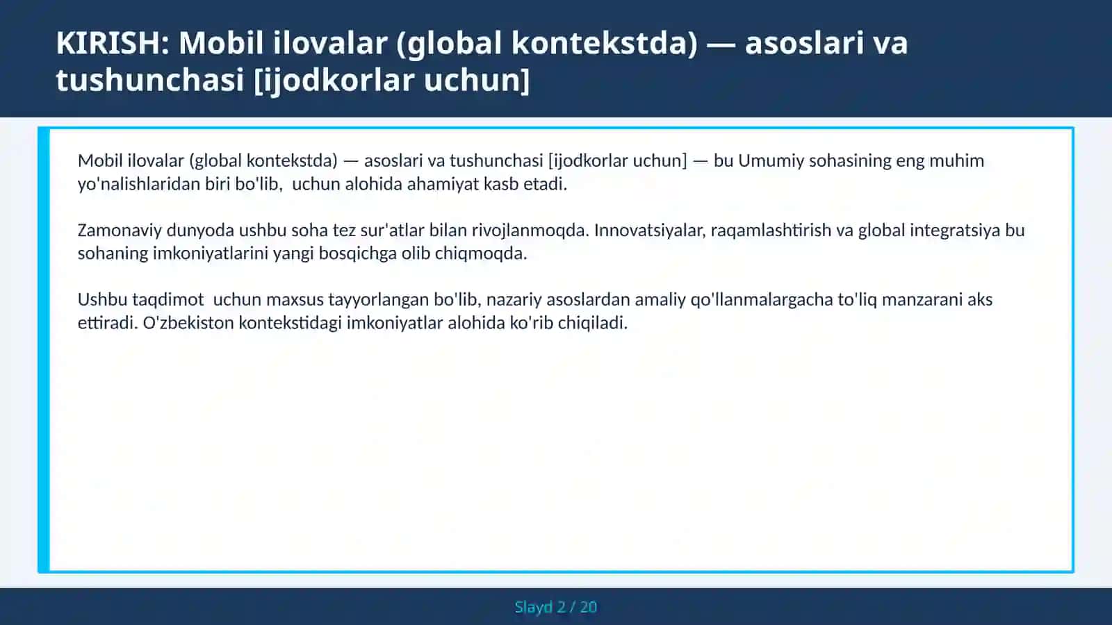 Mobil ilovalar (global kontekstda) — asoslari va tushunchasi [ijodkorlar uchun] 2