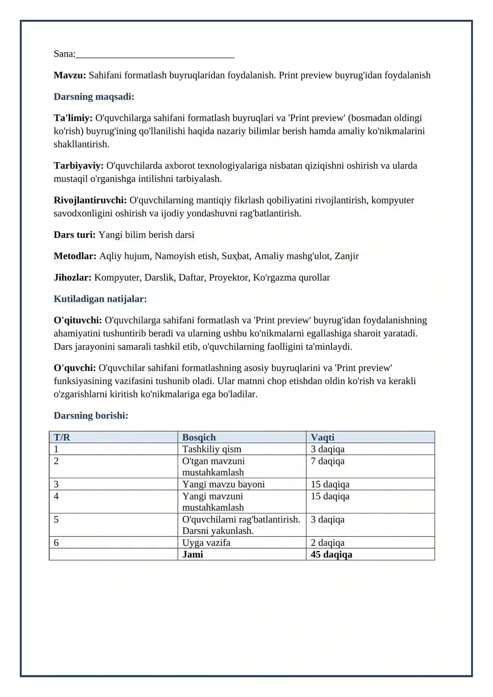Lesson on Sahifani formatlash buyruqlaridan foydalanish. Print preview buyrug'idan foydalanish 2