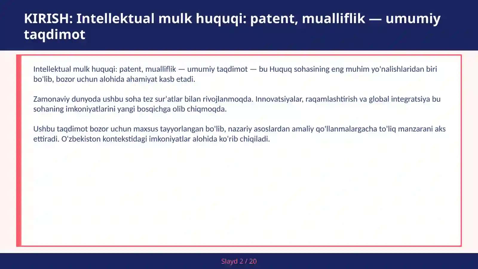 Intellektual mulk huquqi: patent, mualliflik — umumiy taqdimot 2