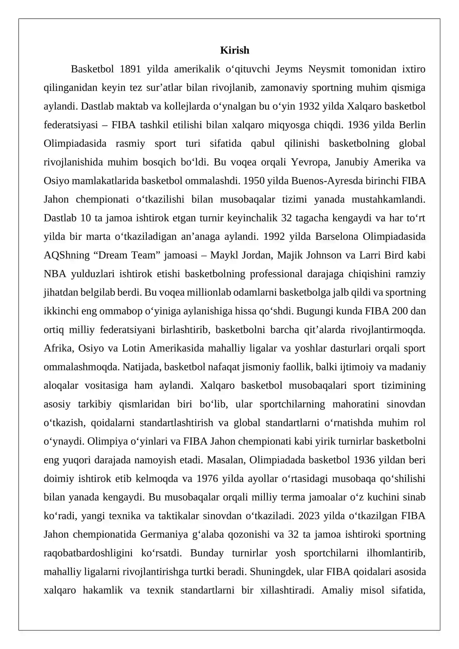 Basketbol bo‘yicha jahon miqyosidagi musobaqalar o‘tkazilishi 2