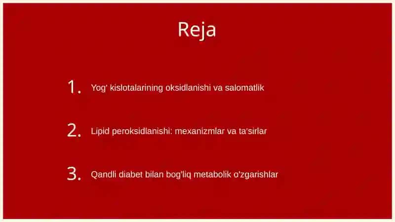Lipidlarni peroksidlanishi, yog' kislotalarii oksidlanishi va qandli diabet, ketonuriya, ketonemiya 2