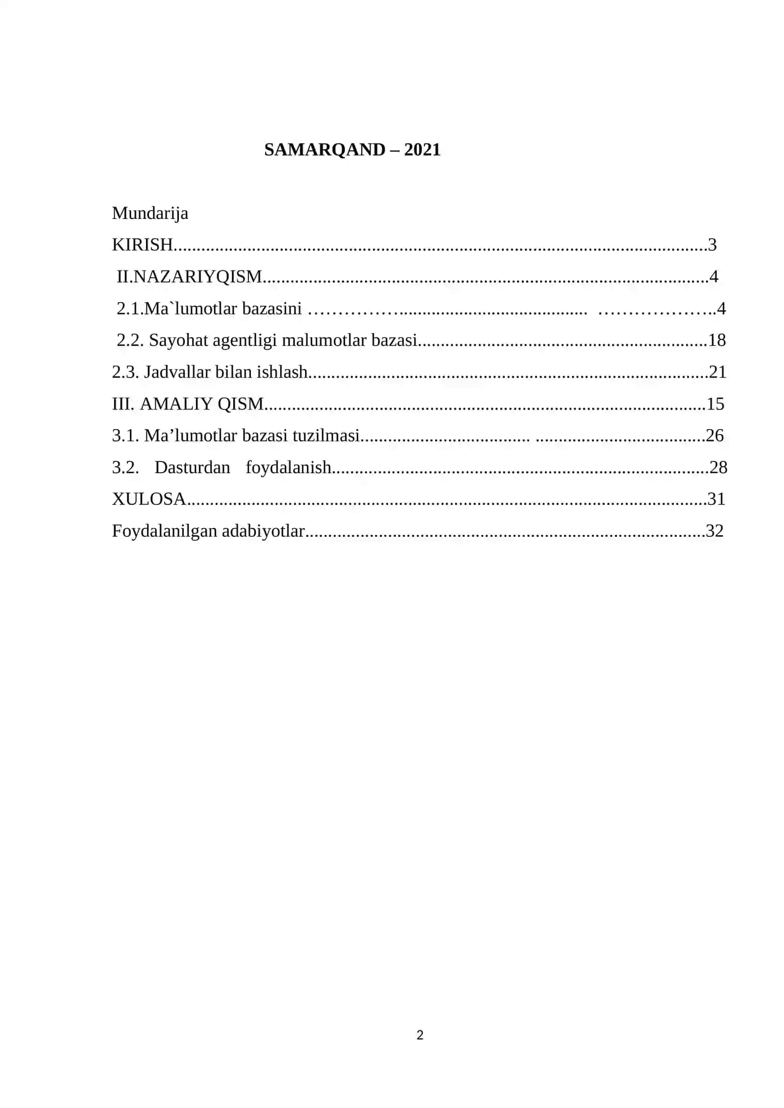 MA’LUMOTLAR BAZASI TEXNOLOGOYALARI 2