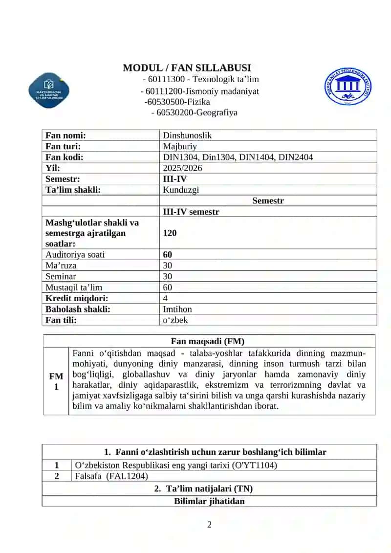 Dinshunoslik Sillabus 2
