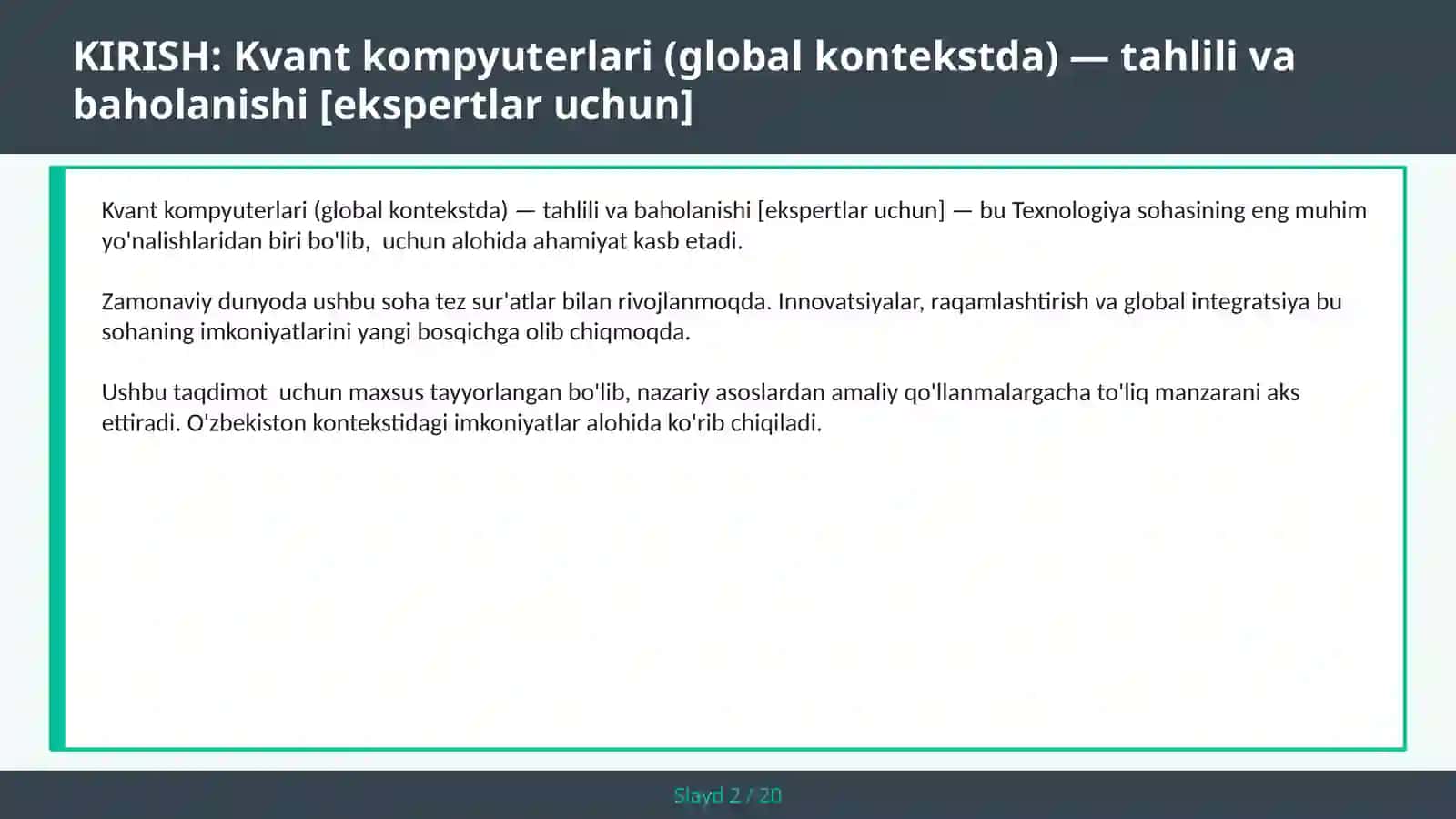 Kvant kompyuterlari (global kontekstda) — taḥlili va baholanishi [ekspertlar uchun] 2