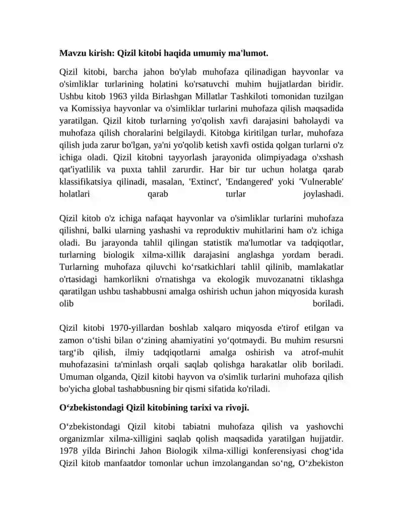 Oʻzbekiston Respublikasi " Qizil kitobi" va uning ahamiyati 2
