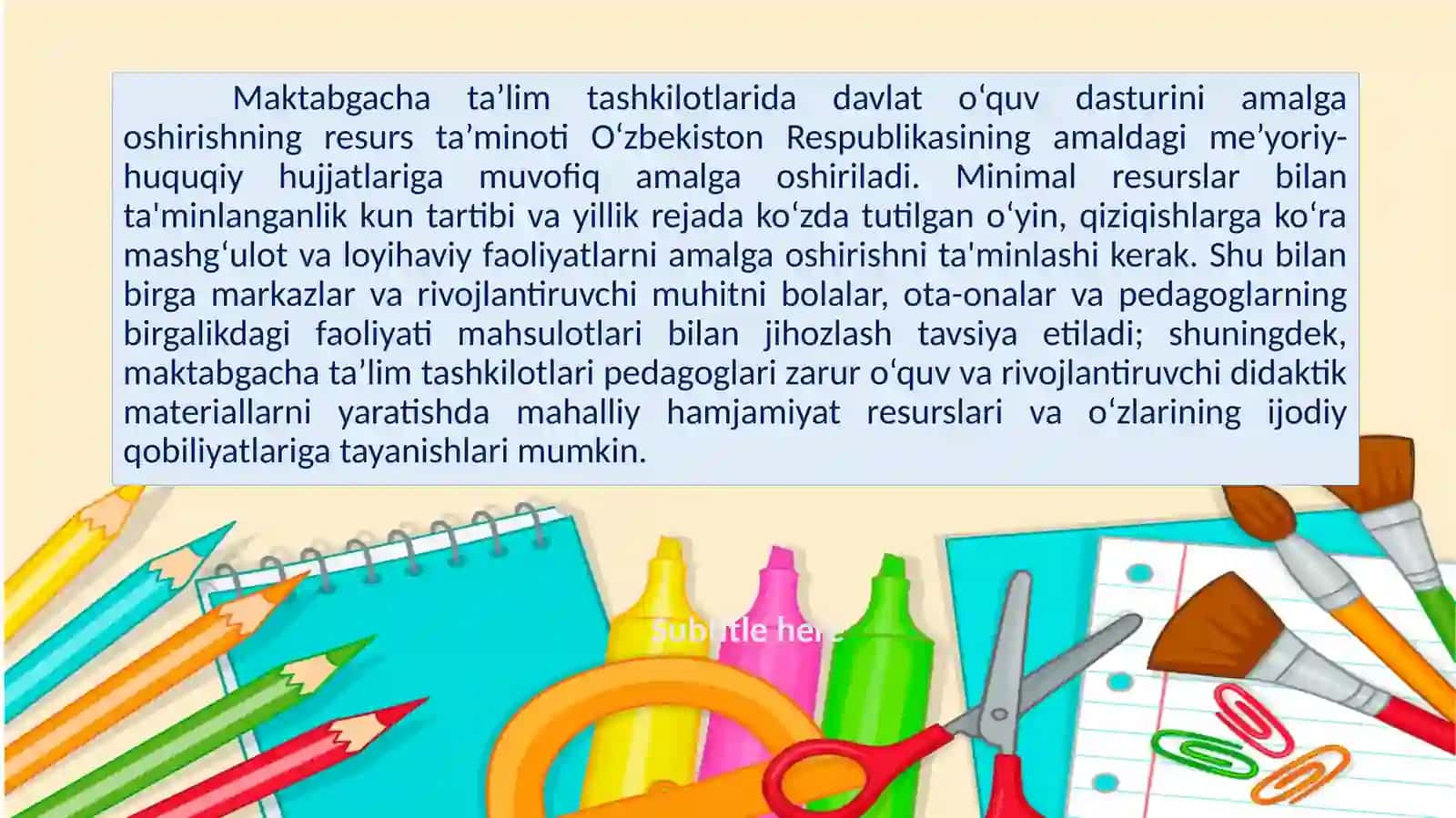 Maktabgacha ta'lim muassasalarida tasviriy faoliyat mashg'ulotlari jihozlariga qo'yiladigan talablar. 2