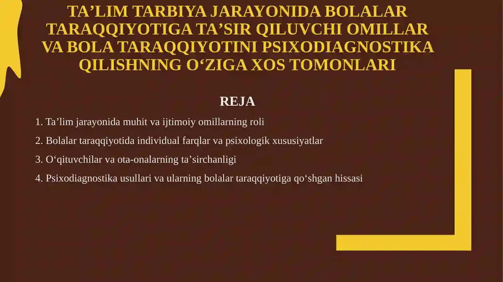 Taʼlim tarbiya jarayonida bolalar taraqqiyotiga taʼsir qiluvchi omillar va bola taraqqiyotini psixodiagnostika qilishning oʻziga xos tomonlari 2