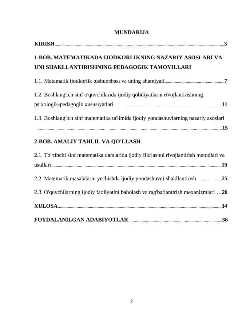 "TO'RTINCHI SINFDA MATEMATIKADAN O'QUVCHILARNI IJODIY ISHLASHGA O'RGATISH METODIKASI." 2