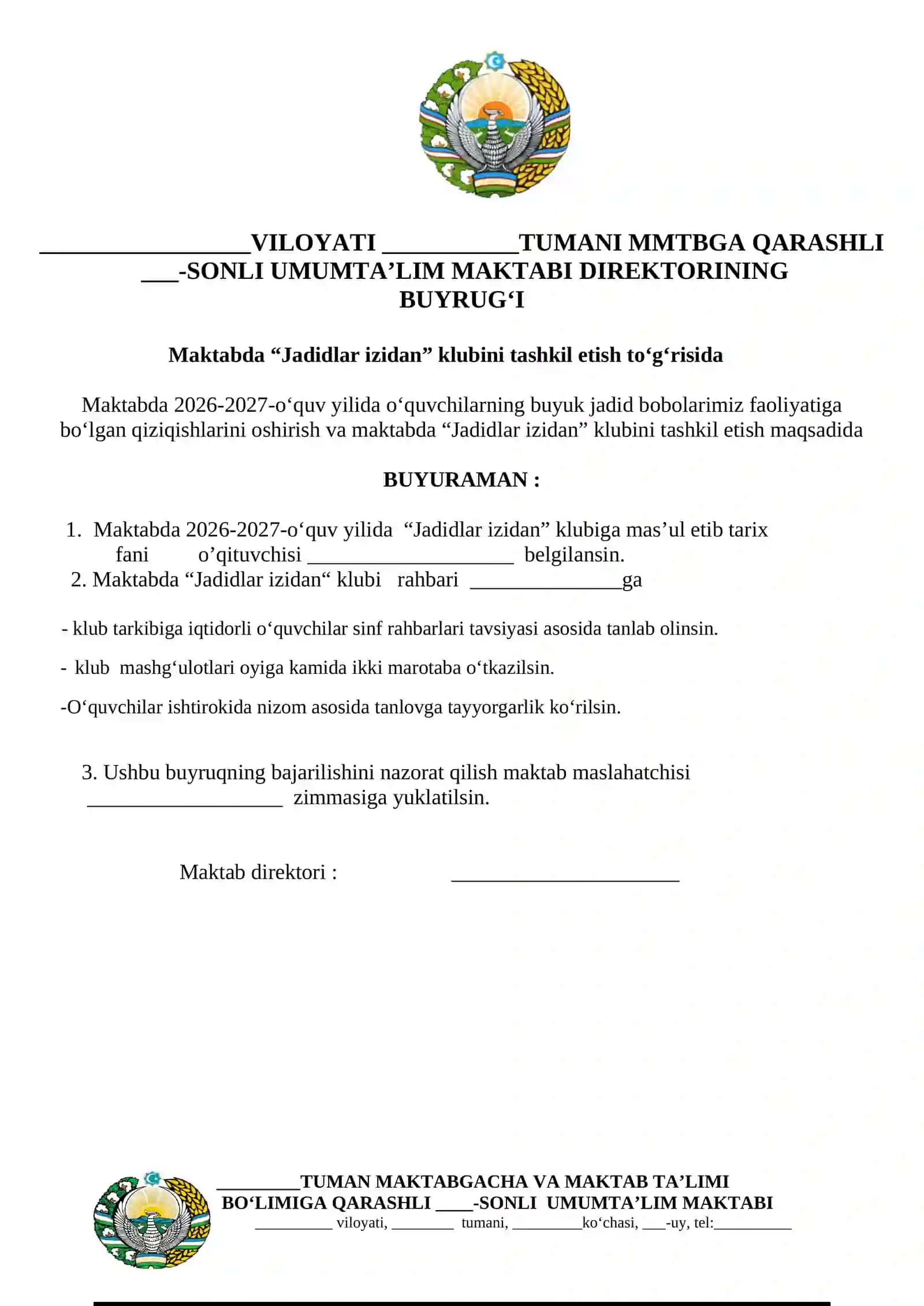 Jadidlar izidan klubi hujjatlari 2026-2027 o'quv yili uchun 2