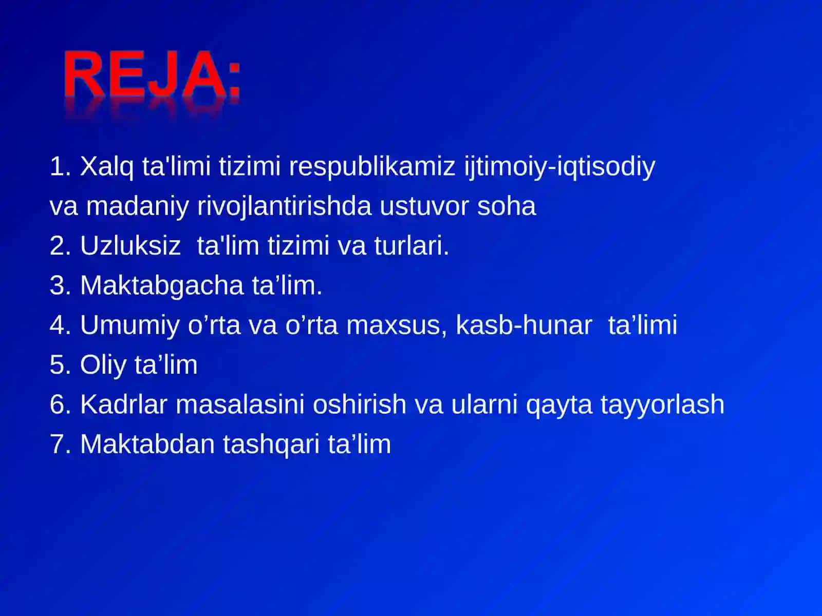 Xalq ta'limi tizimi respublikamiz ijtimoiy-iqtisodiy va madaniy rivojlantirishda ustuvor soha 2