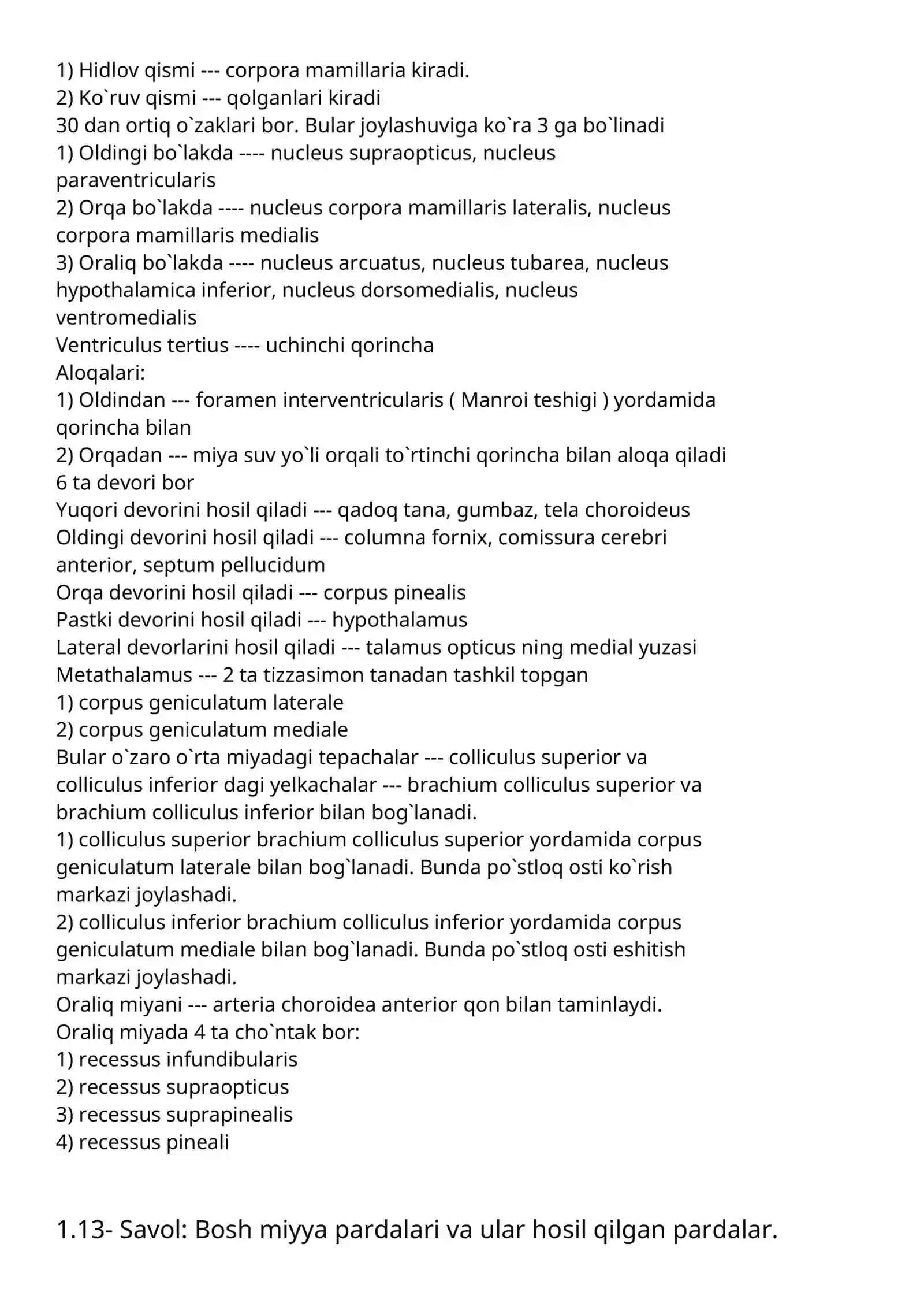 Oraliq miya tuzulishi. Gipotalamus ahamiyati 2