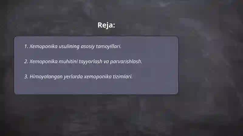 Himoyalangan yerlarda xemoponika usulida sabzavot yetishtirish. 2